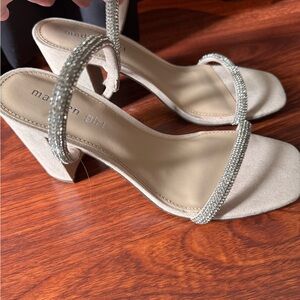 NEW- Madden Girl Taupe Rhinestone Strap Block Heels